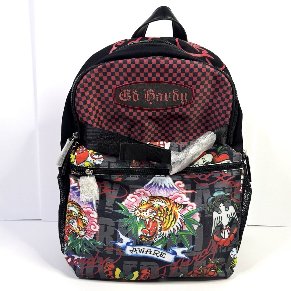 ED HARDY Tattoos Screaming Tiger Large Skate Red Checker Skull Backpack NWT